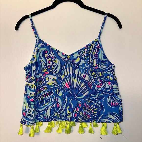 Lilly Pulitzer Ramona Crop Tassel Top Blue Ceviche Pattern Women’s Size 0 EUC - Picture 1 of 9